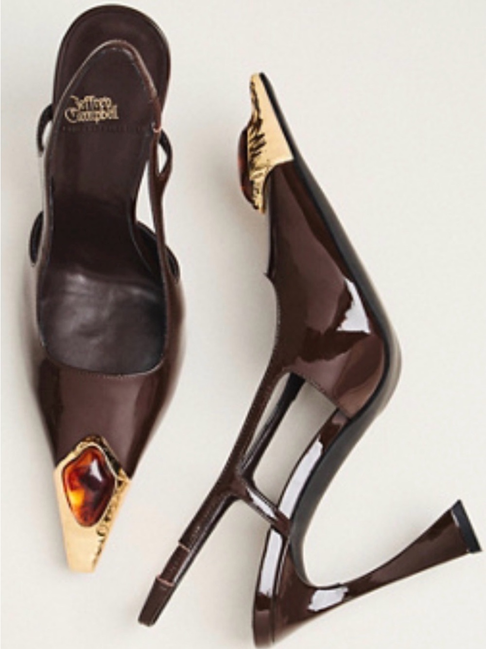 NWT Jeffrey Campbell Sorcerer Wine Patent Gold Brown Slingback Pumps Heels Box